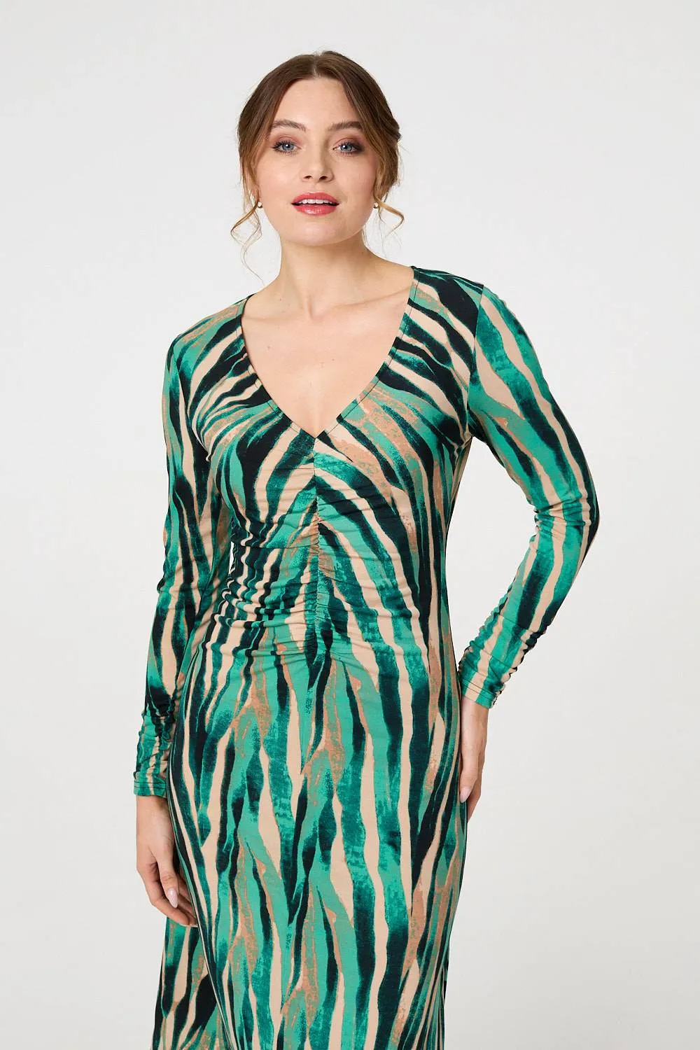 Abstract Print Ruched V-Neck Midi Dress