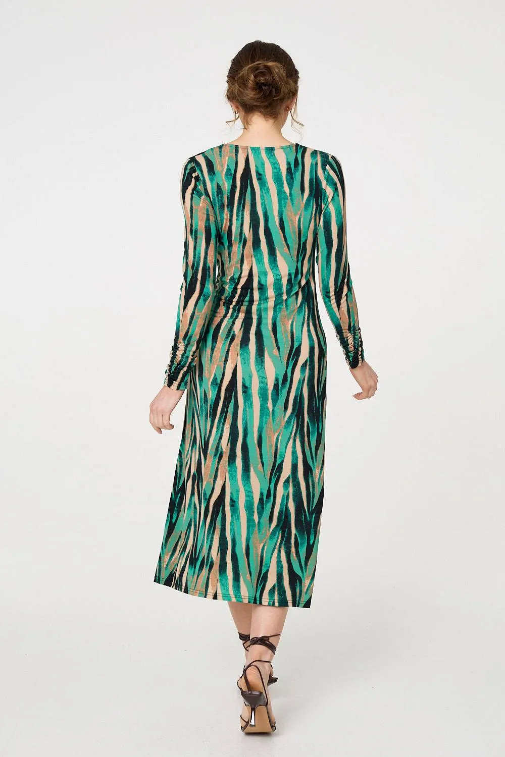 Abstract Print Ruched V-Neck Midi Dress