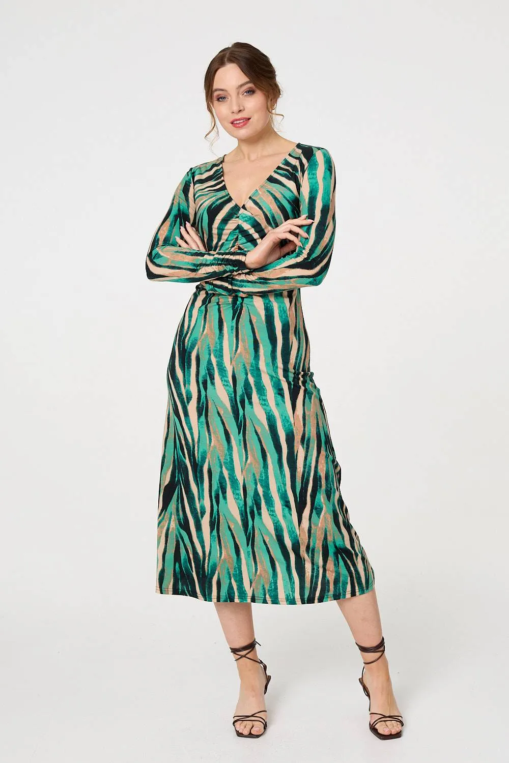 Abstract Print Ruched V-Neck Midi Dress