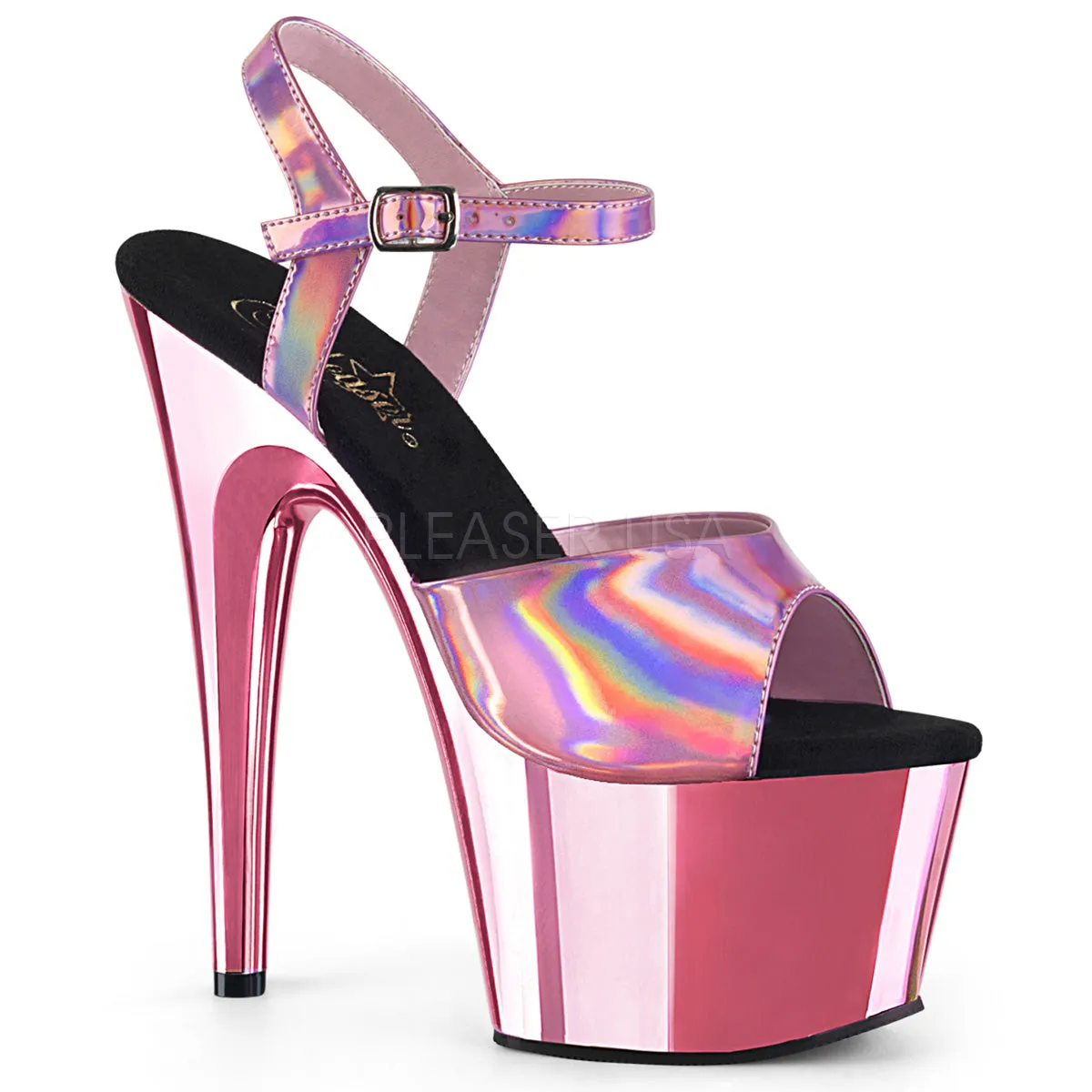 Adore-709HGCH Baby Pink Hologram Straps/Baby Pink Chrome, 7" Heels