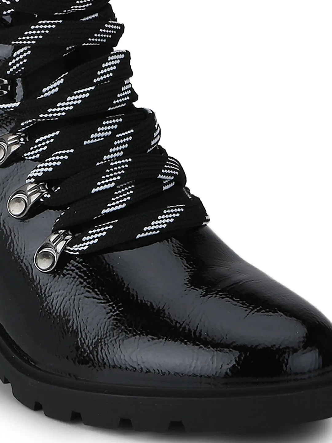 Black Crink Pat Lace-Up Block Heel Biker Ankle Length Boots