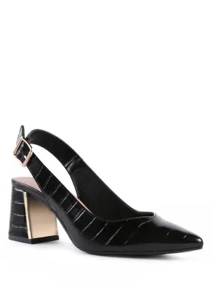 Black Croc Slingback Block Heel Sandal