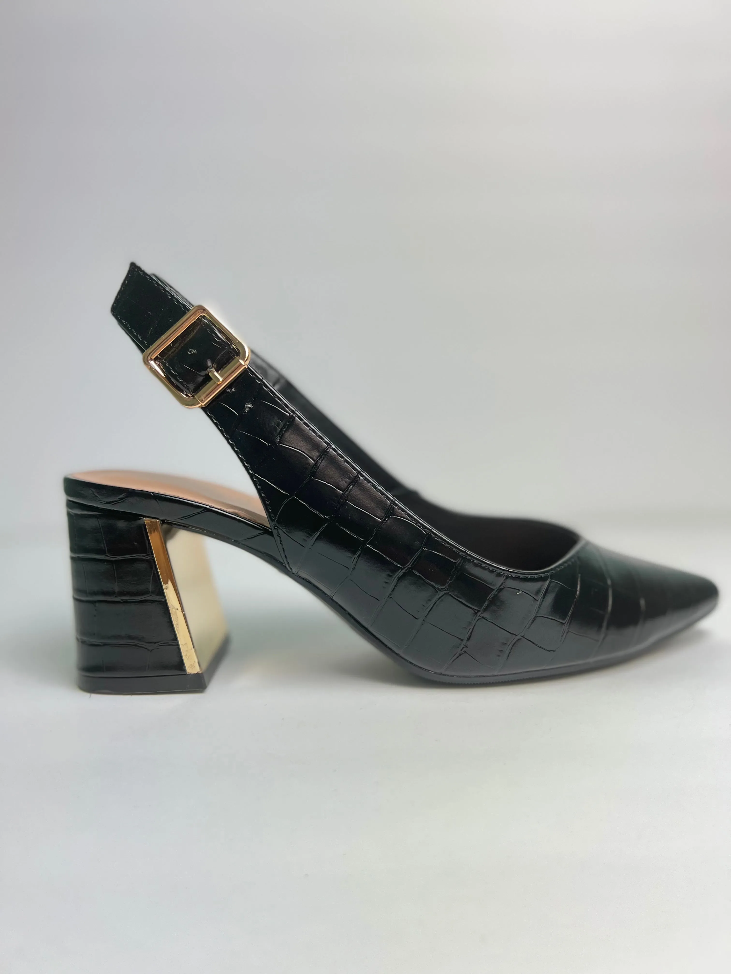 Black Croc Slingback Block Heel Sandal