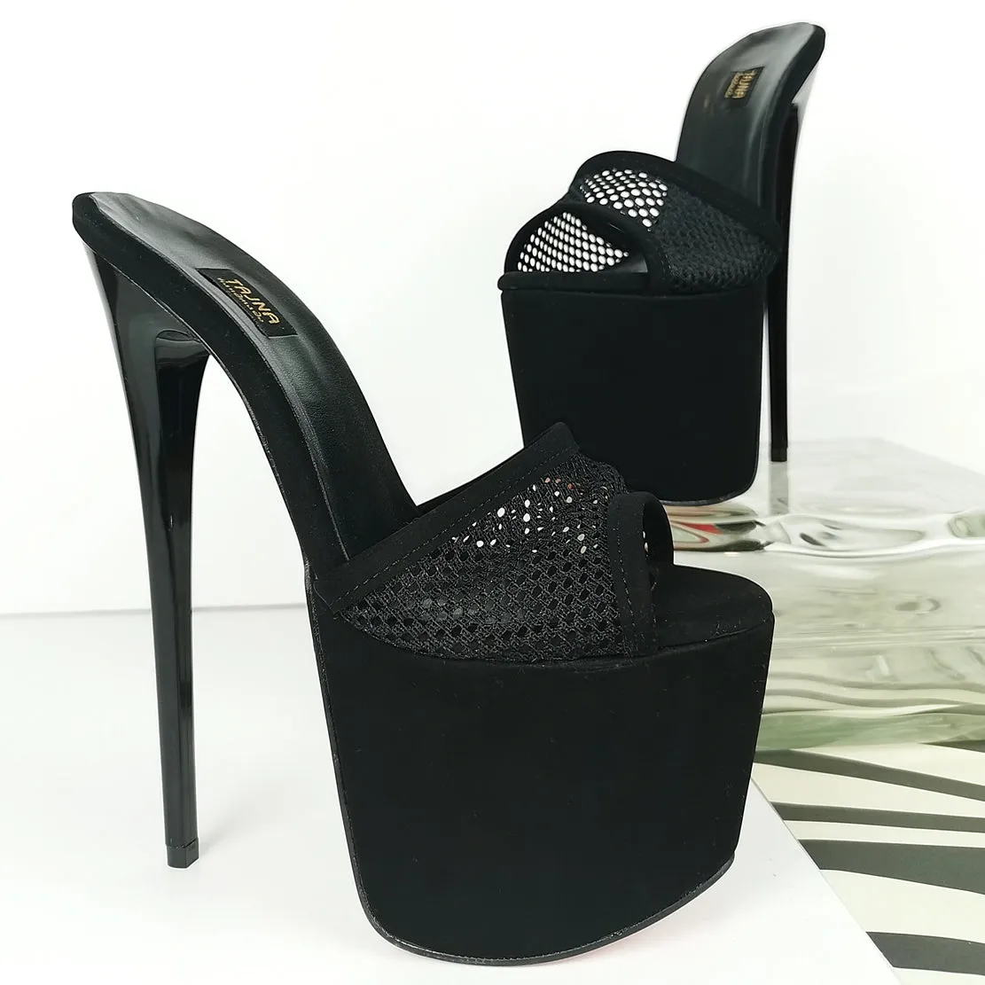 Black Suede Fishnet High Heel Mules