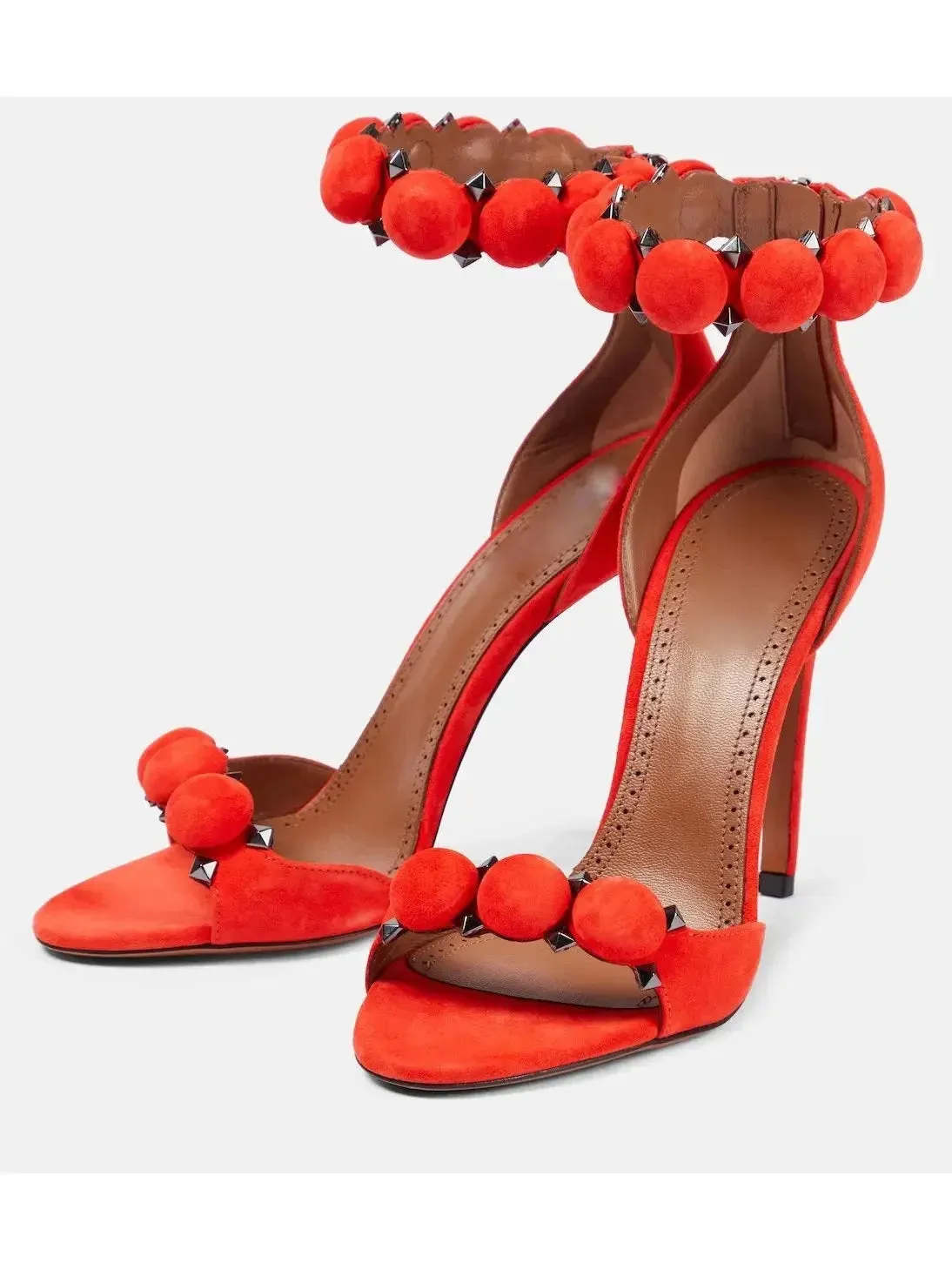 Bobble High-Heel Sandals in Red Suede