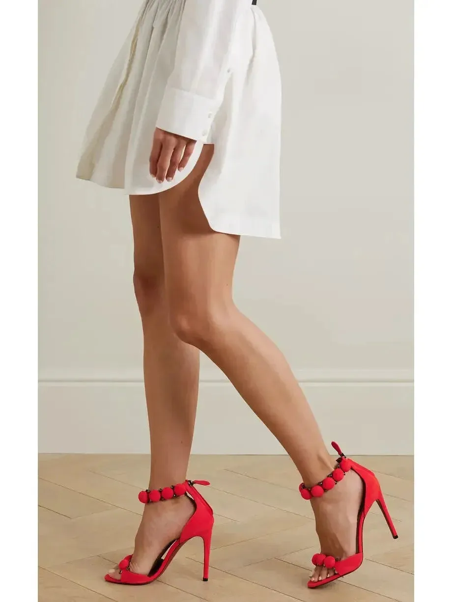 Bobble High-Heel Sandals in Red Suede