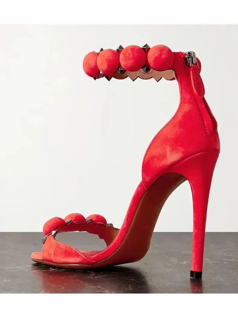 Bobble High-Heel Sandals in Red Suede