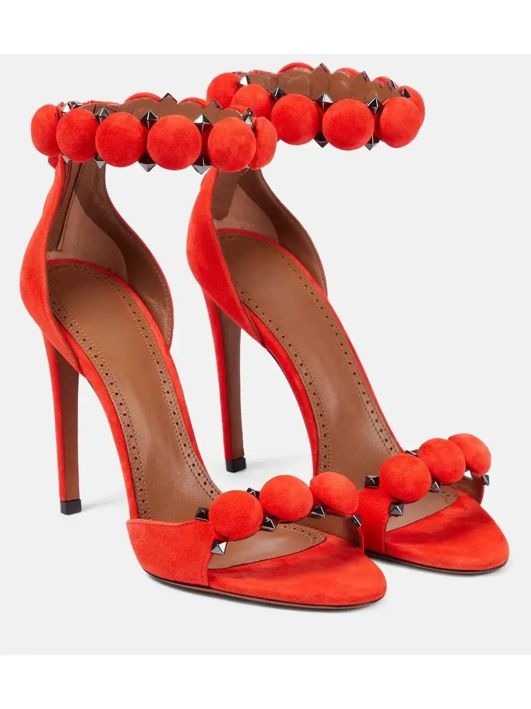 Bobble High-Heel Sandals in Red Suede