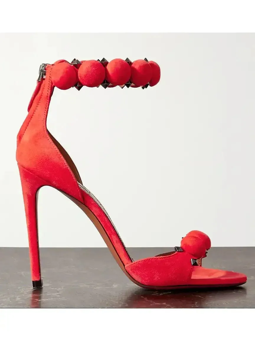 Bobble High-Heel Sandals in Red Suede