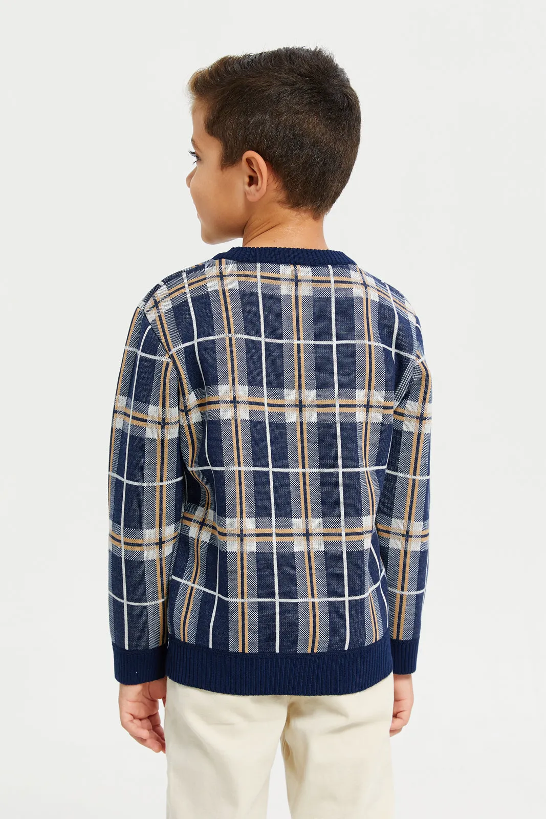 Boys Navy Checkered Pullover