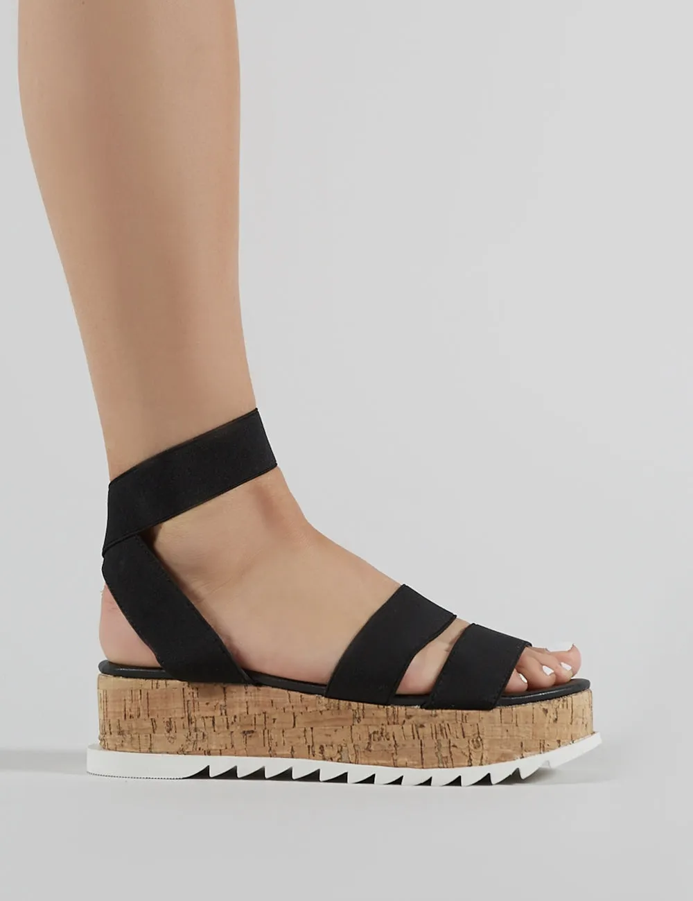 Cassie Elasticated Strappy Flatform Sandals in Black