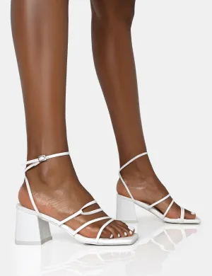 Dayla White Pu Strappy Square Toe Block Mid Heel Sandals