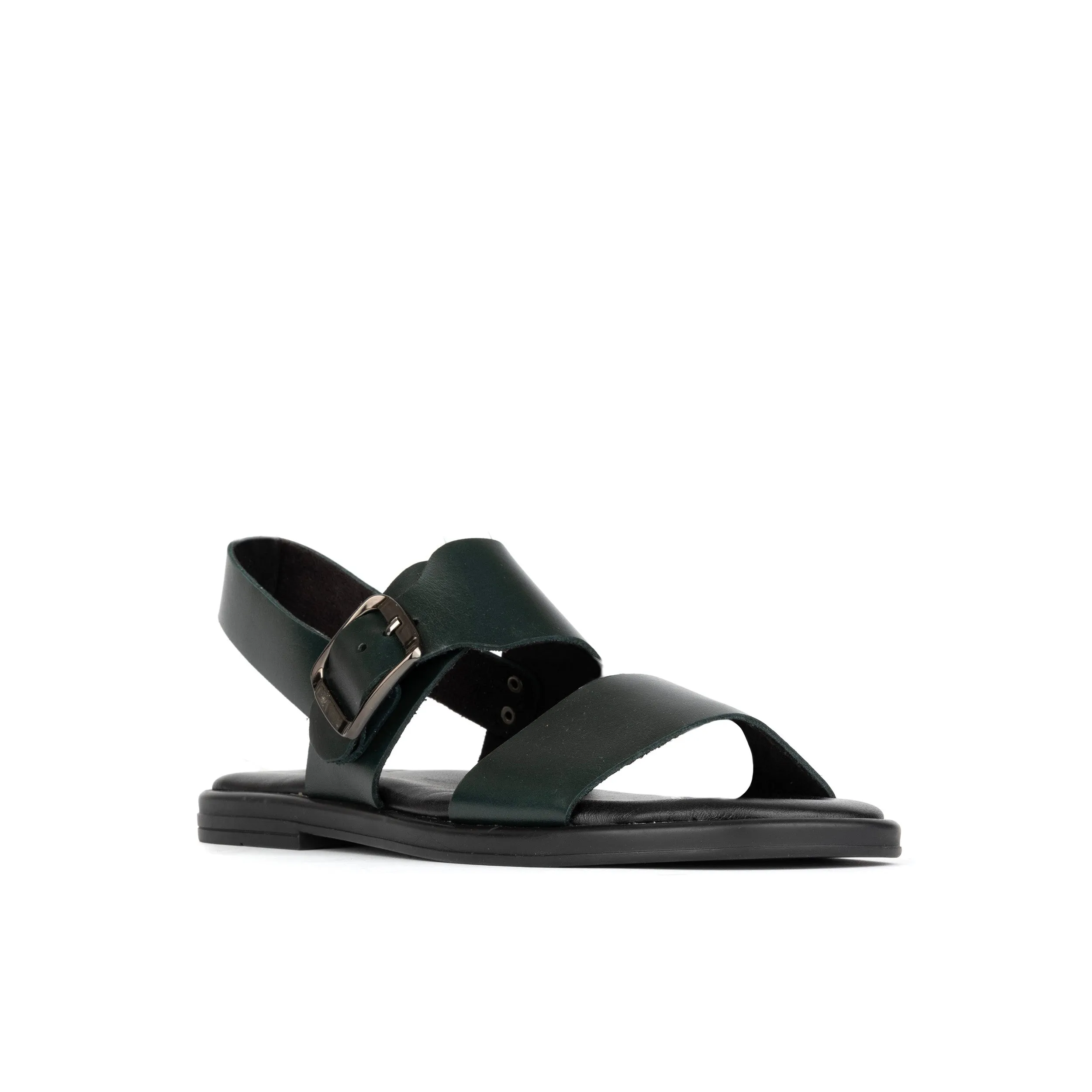 Dixon - Dark Green - Women's flat wide double strap leather sandal