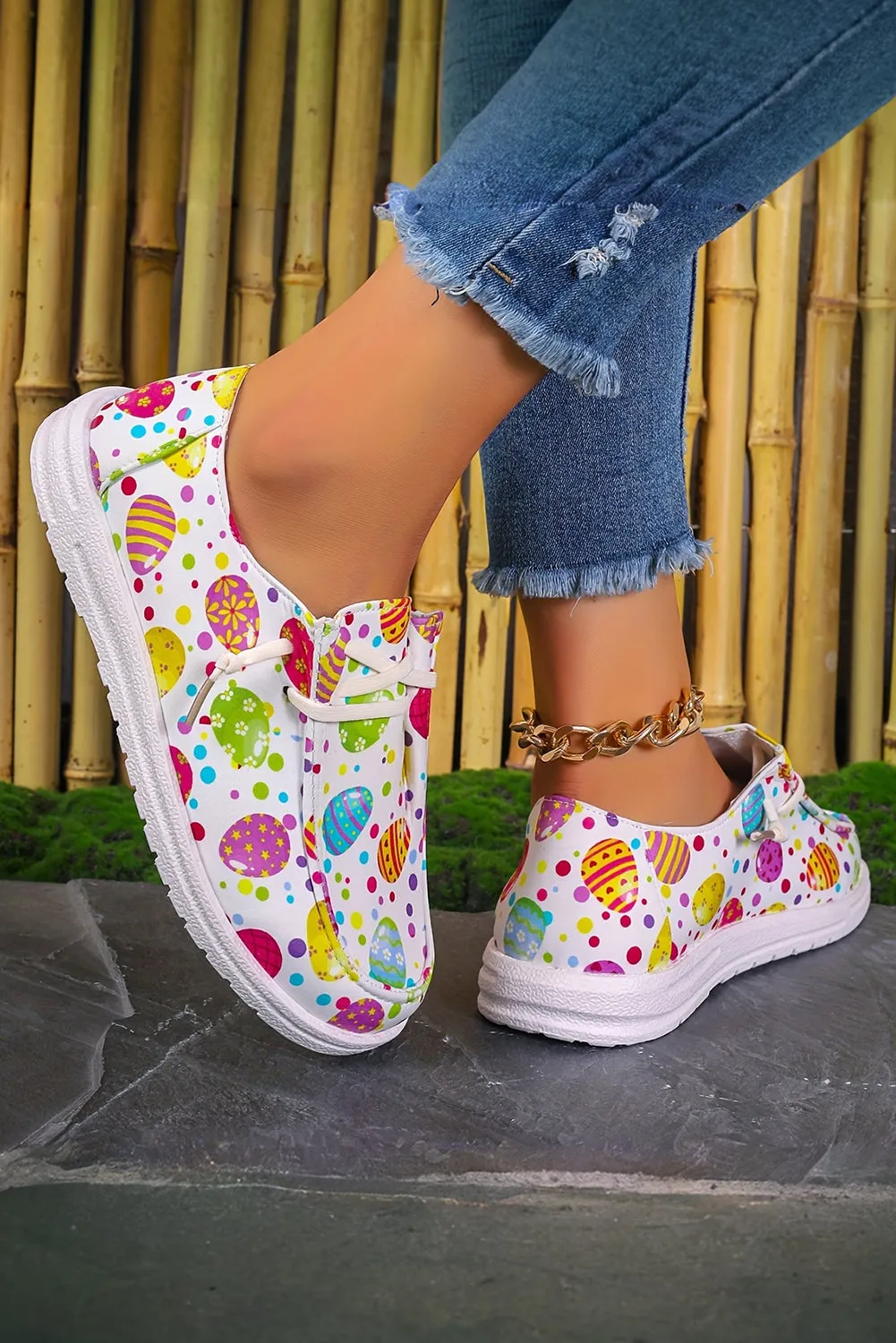 Easter Eggs Printed Square Toe Slip On Canvas Flats