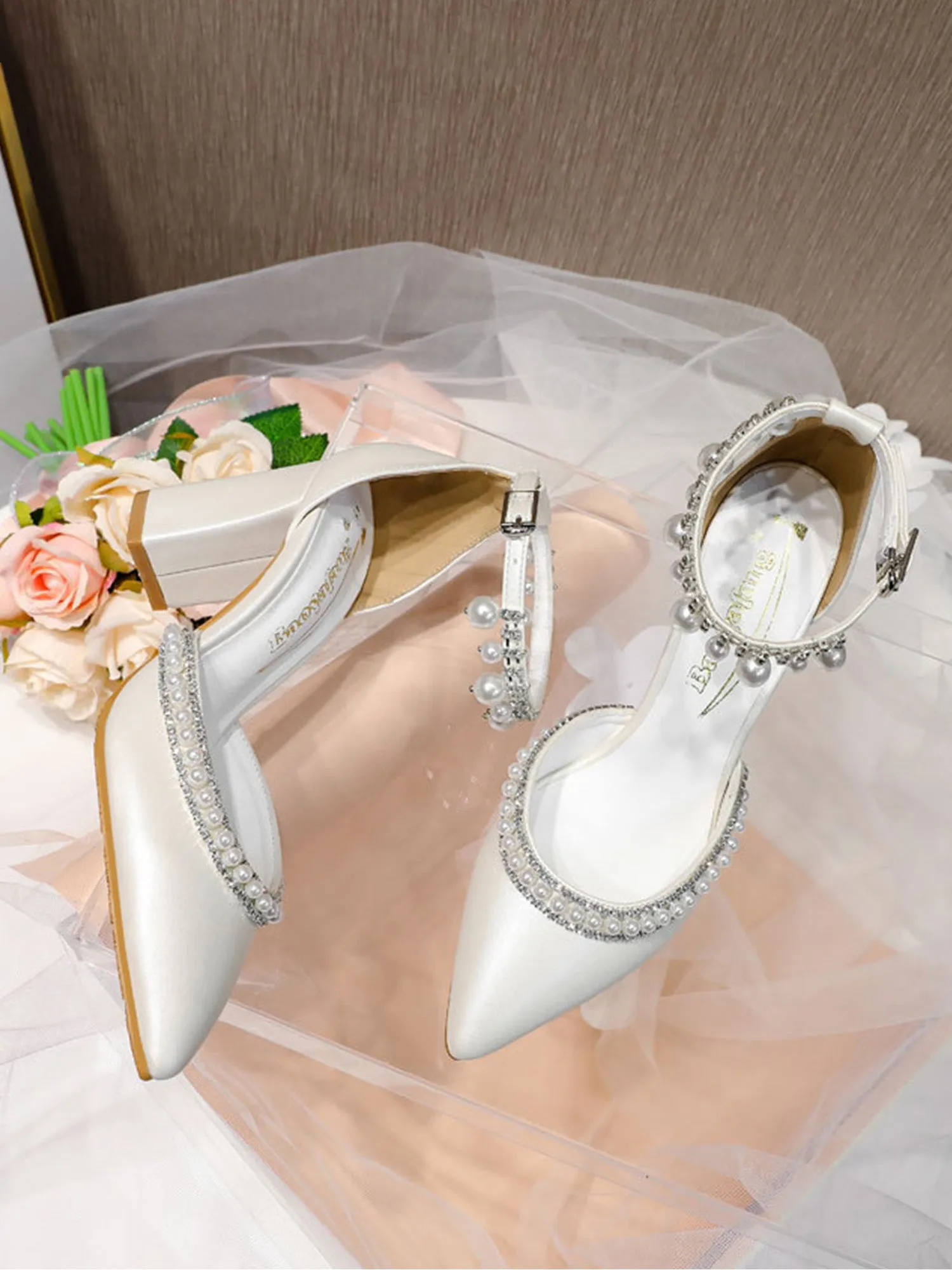 Elegant Pearl Diamond Ankle Strap Block High Heels