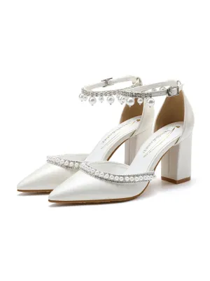 Elegant Pearl Diamond Ankle Strap Block High Heels