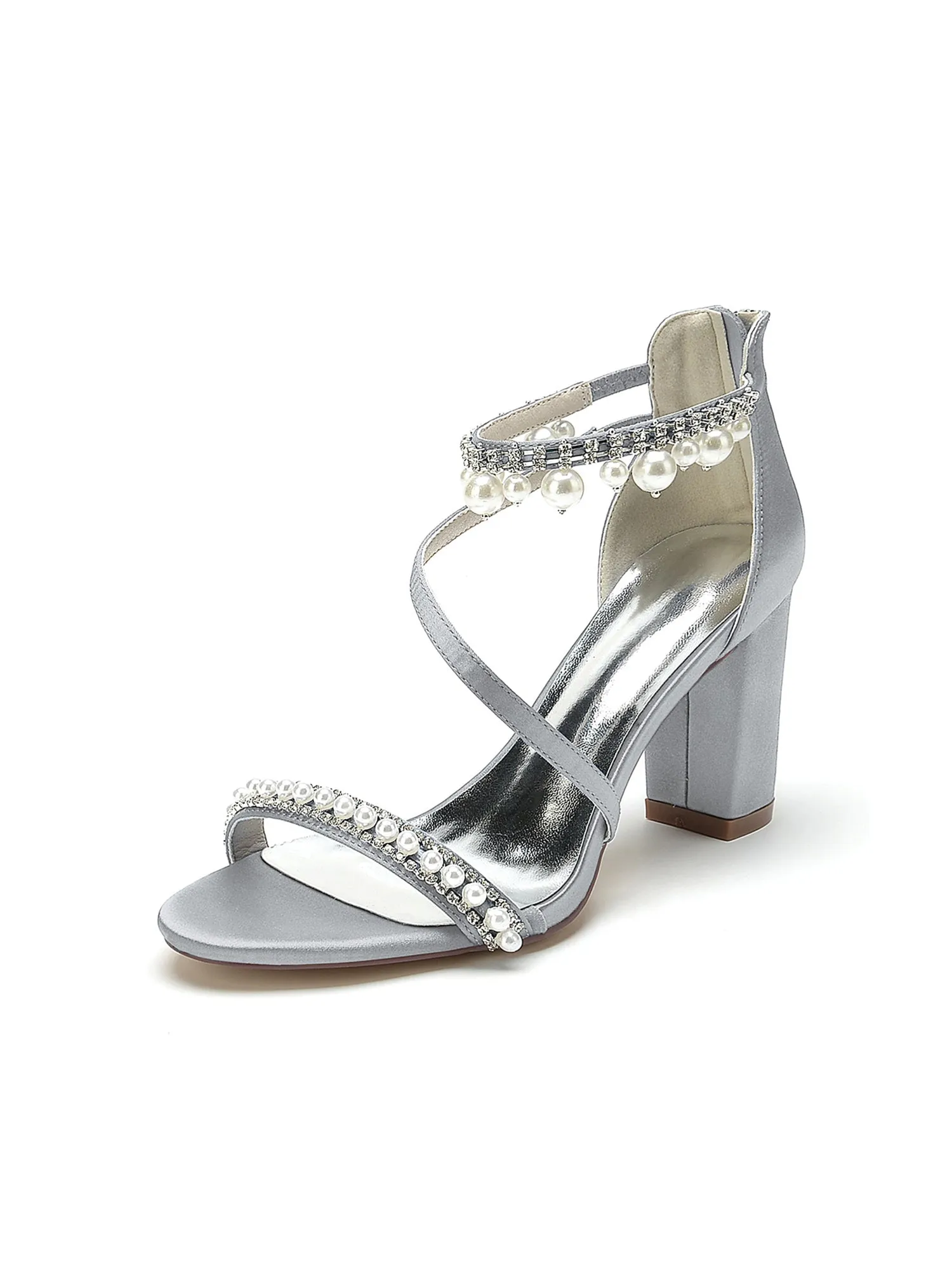 Elegant Single Strap Pearl Beaded Chunky Heels