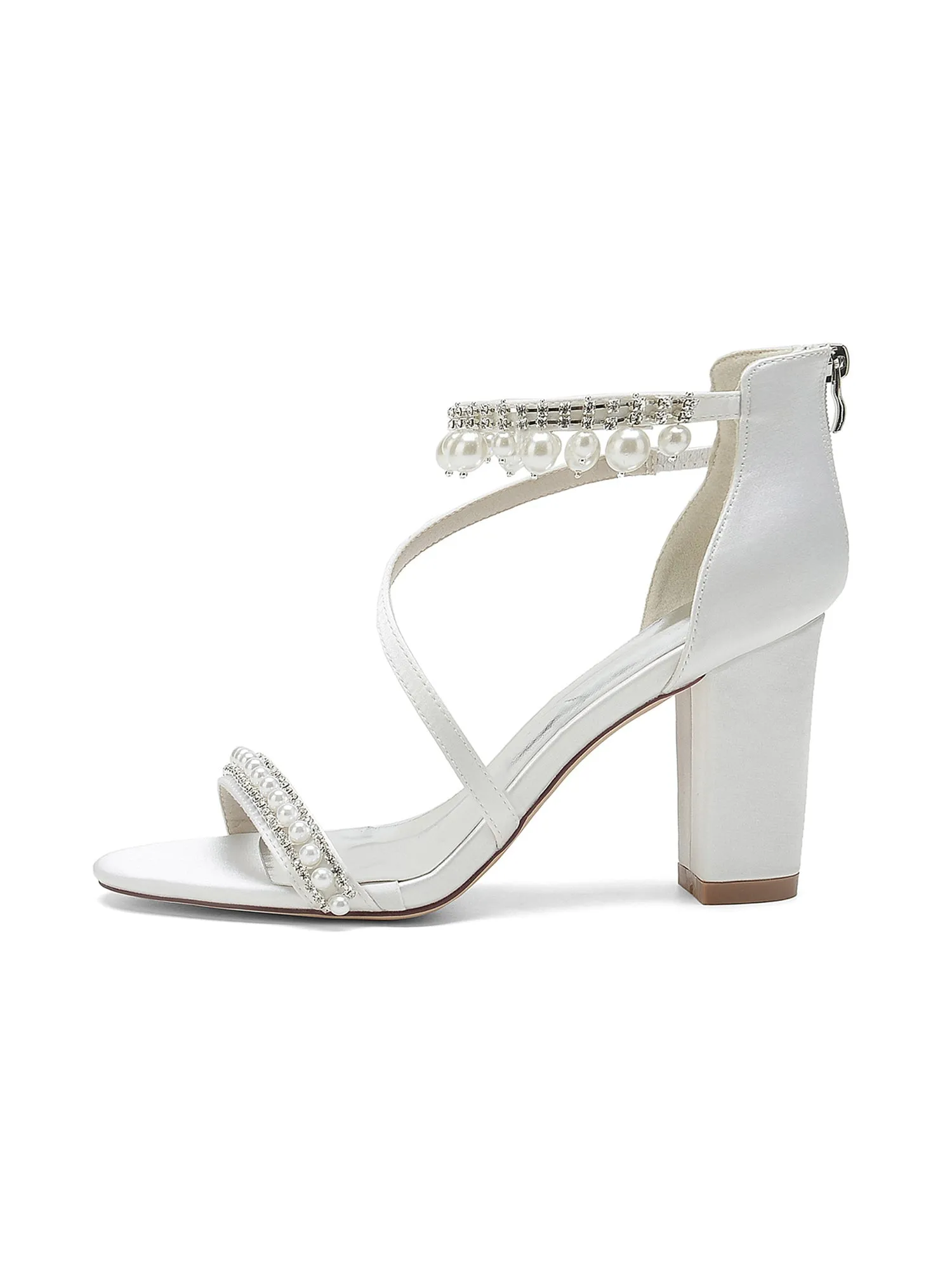 Elegant Single Strap Pearl Beaded Chunky Heels