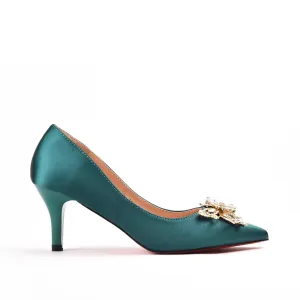 Elegant Teal Satin Heels with Crystal Embellishment | 473L-K