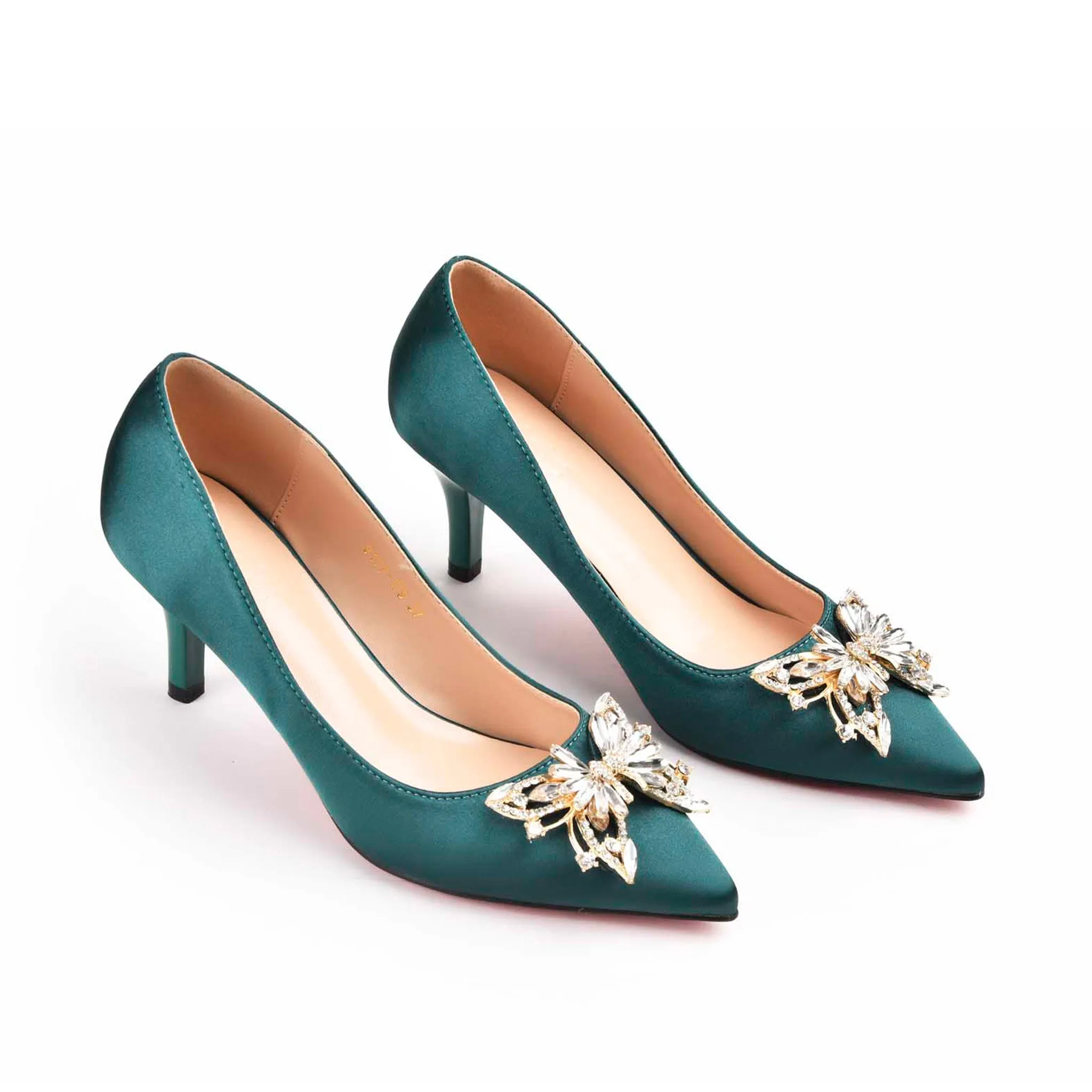 Elegant Teal Satin Heels with Crystal Embellishment | 473L-K