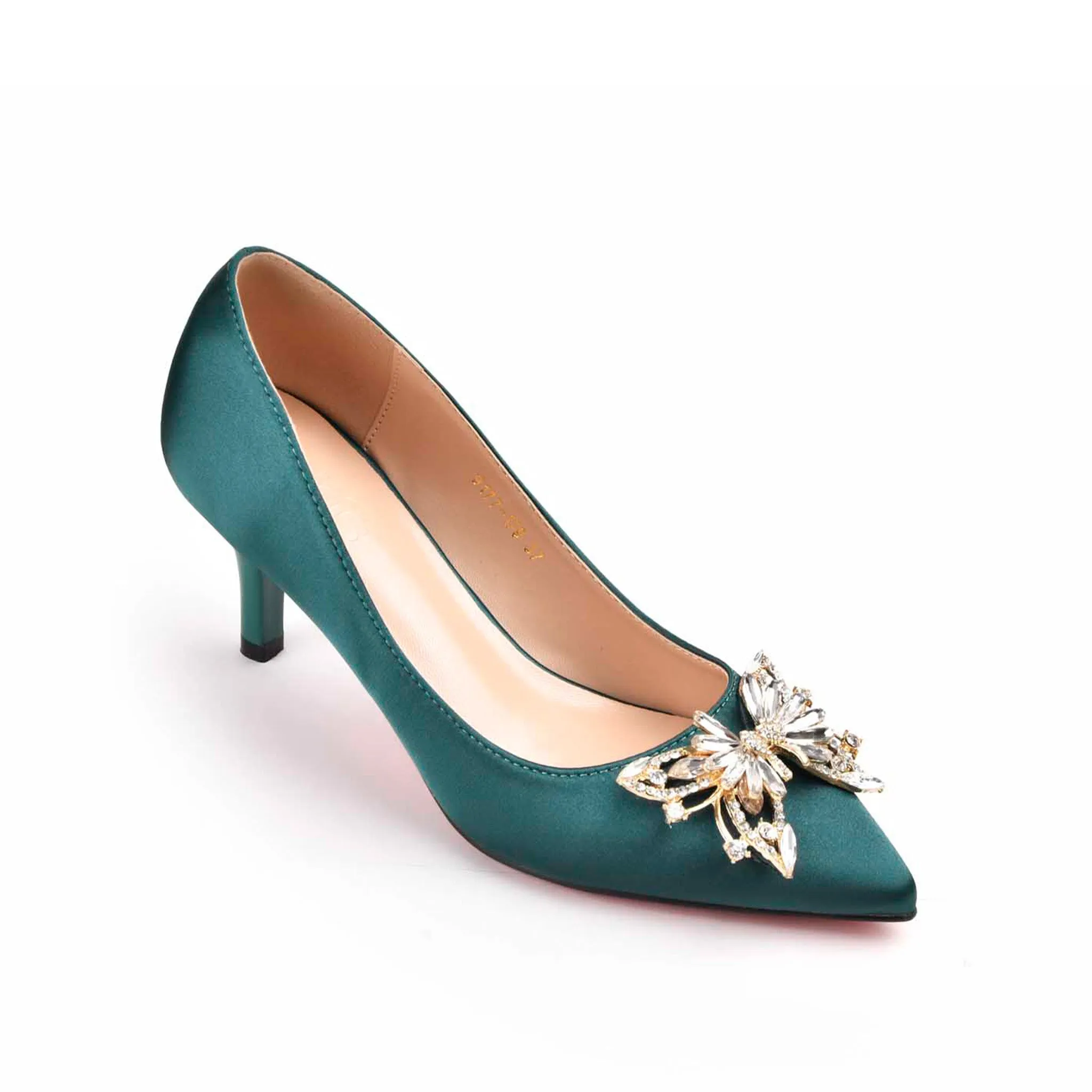 Elegant Teal Satin Heels with Crystal Embellishment | 473L-K