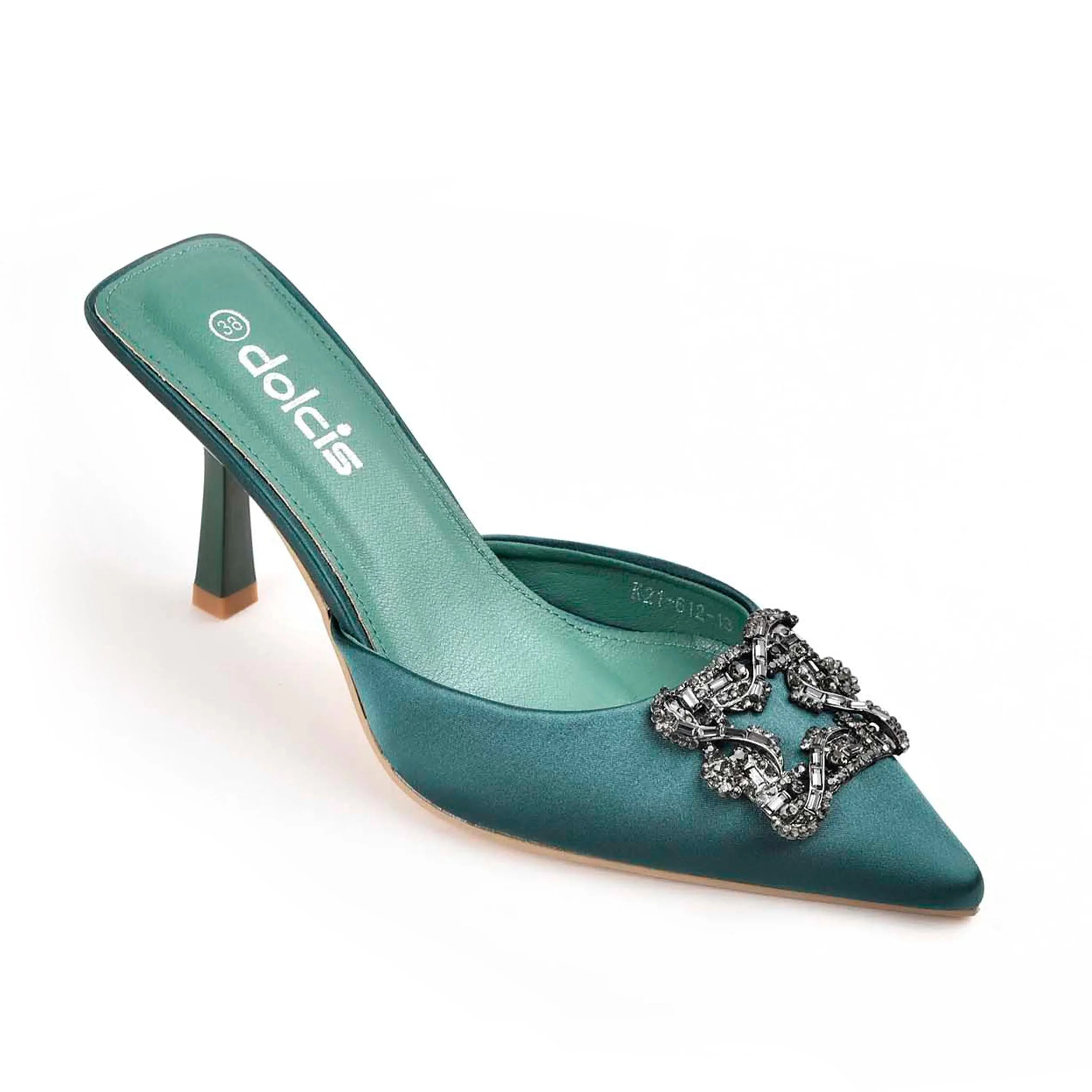 Elegant Teal Satin Mules with Crystal Embellishment | 466M-K