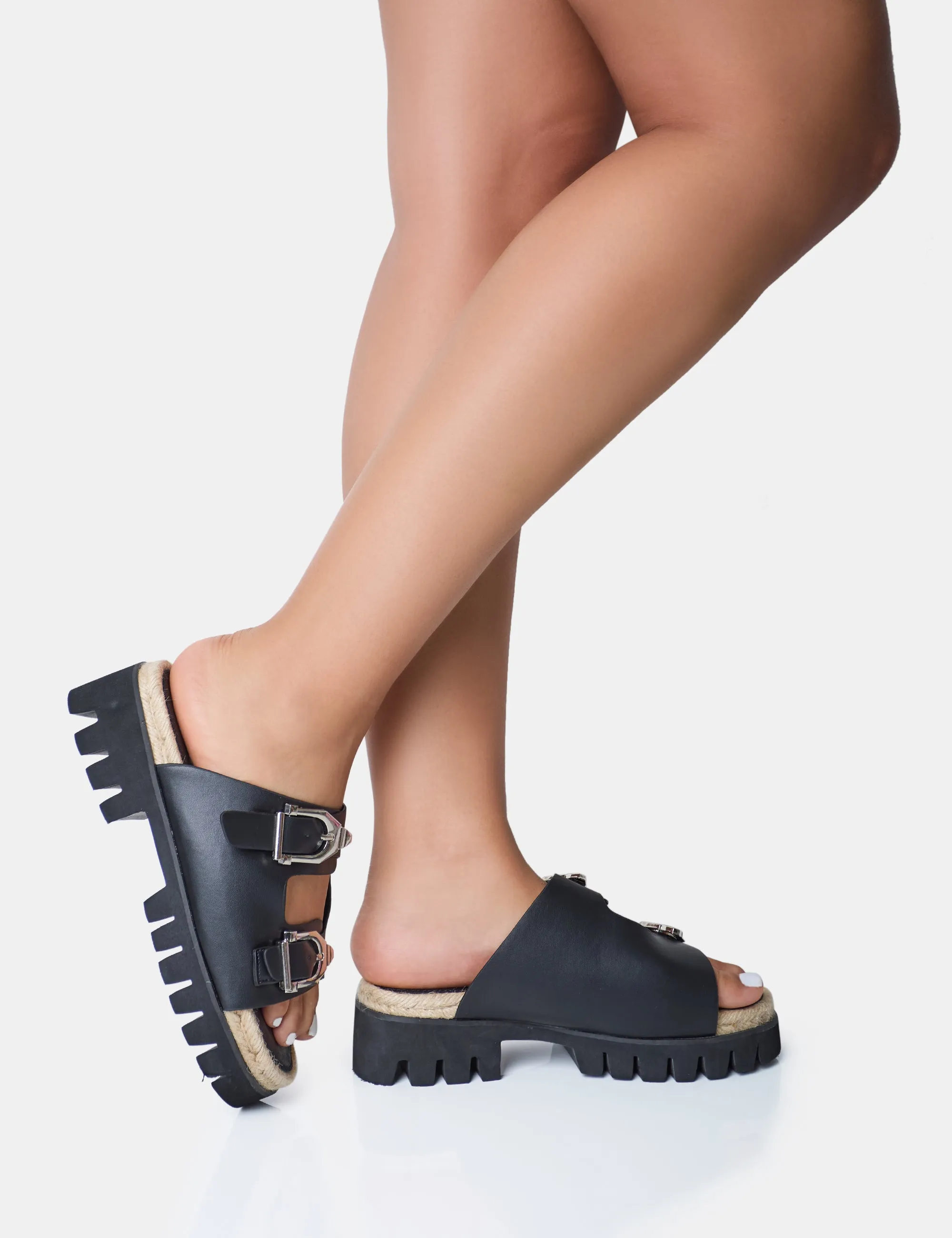 Equinox Black Chunky Jute Detail Buckle Flatform Sandals