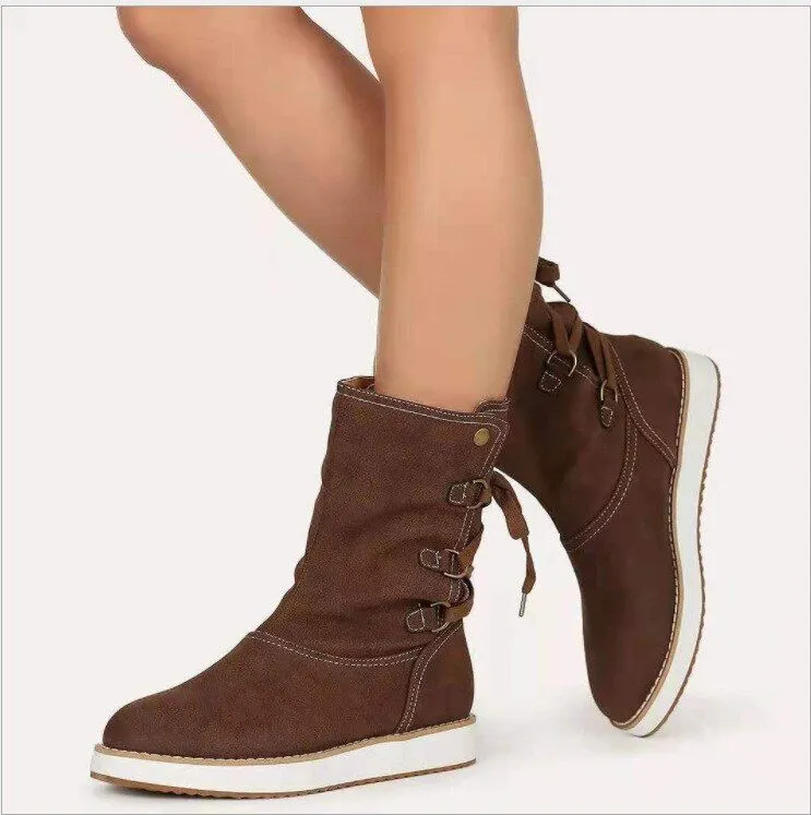 Ergonomic Mid-Calf Cross Strap Warm Sleeve Winter Women's Boots with Fleece Lining