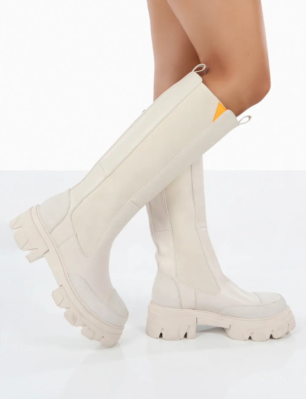 Kenza X Public Desire Survive White Pu Chunky Sole Orange Upper Knee High Boots