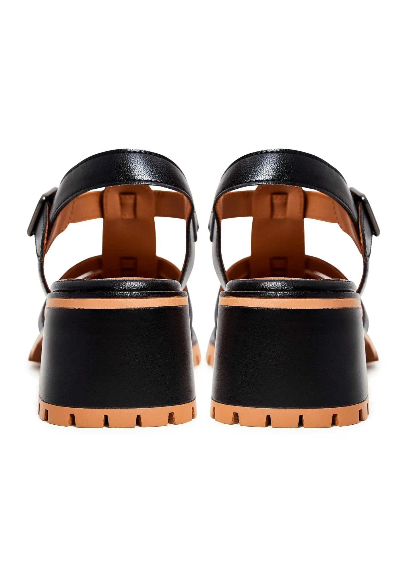 Leather Block Heels Sandals - Black