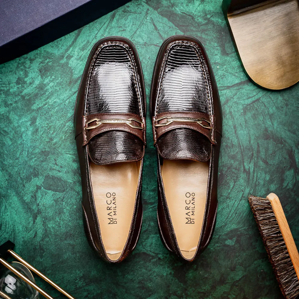 Marco Di Milano Hugo Lizard And Calfskin Brown Bit Loafers