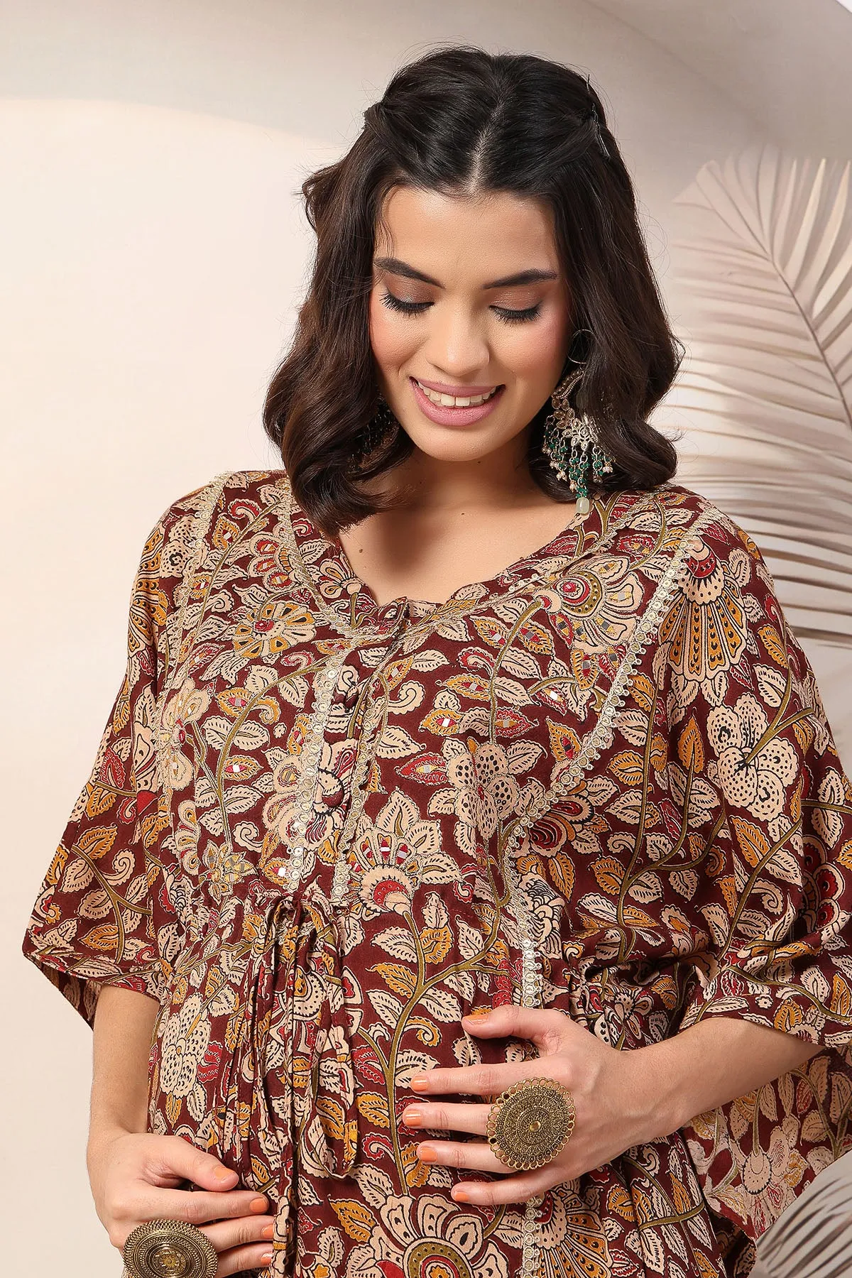 Maroon Enchanting Floral Zipless Feeding Maternity Kaftan