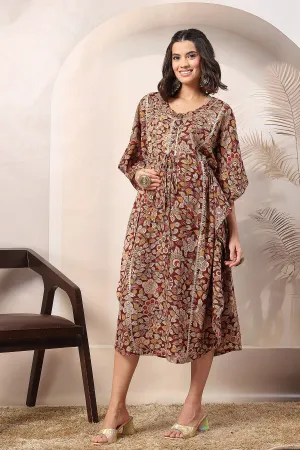 Maroon Enchanting Floral Zipless Feeding Maternity Kaftan