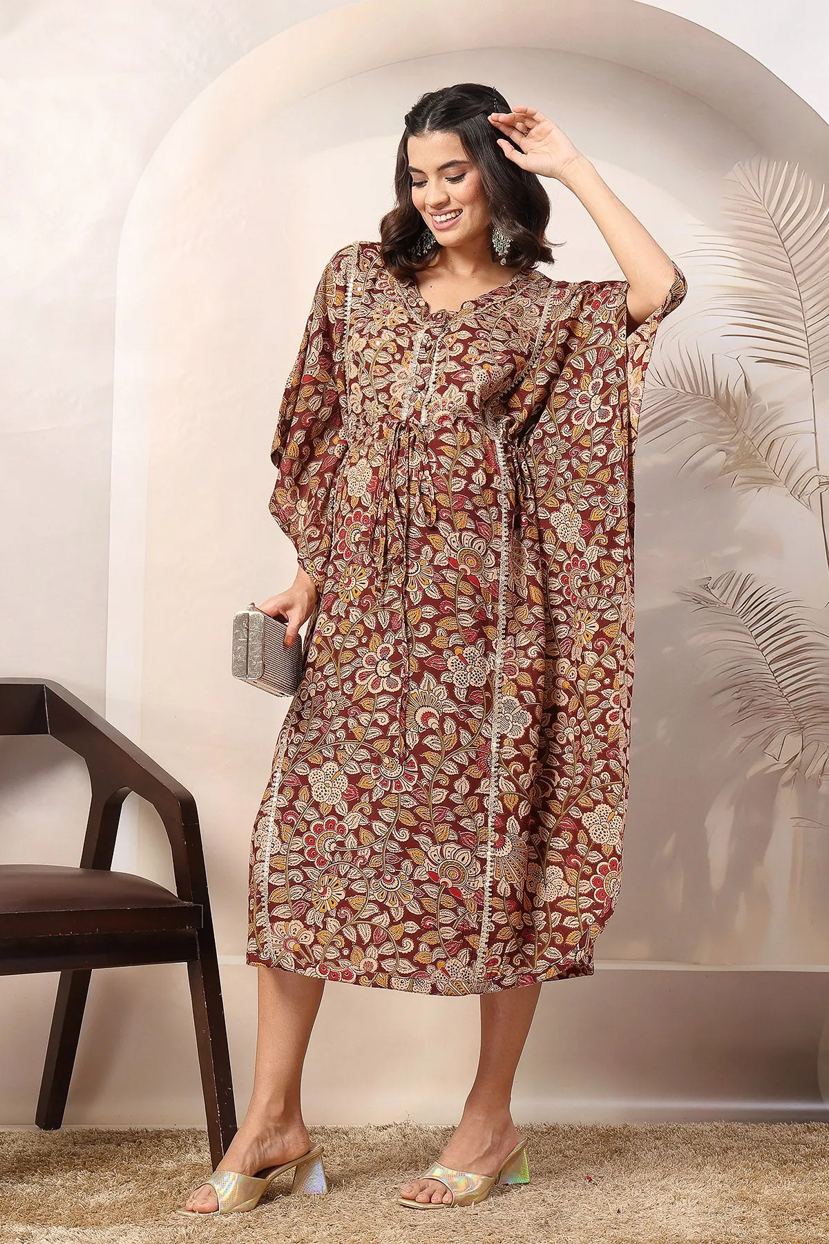 Maroon Enchanting Floral Zipless Feeding Maternity Kaftan