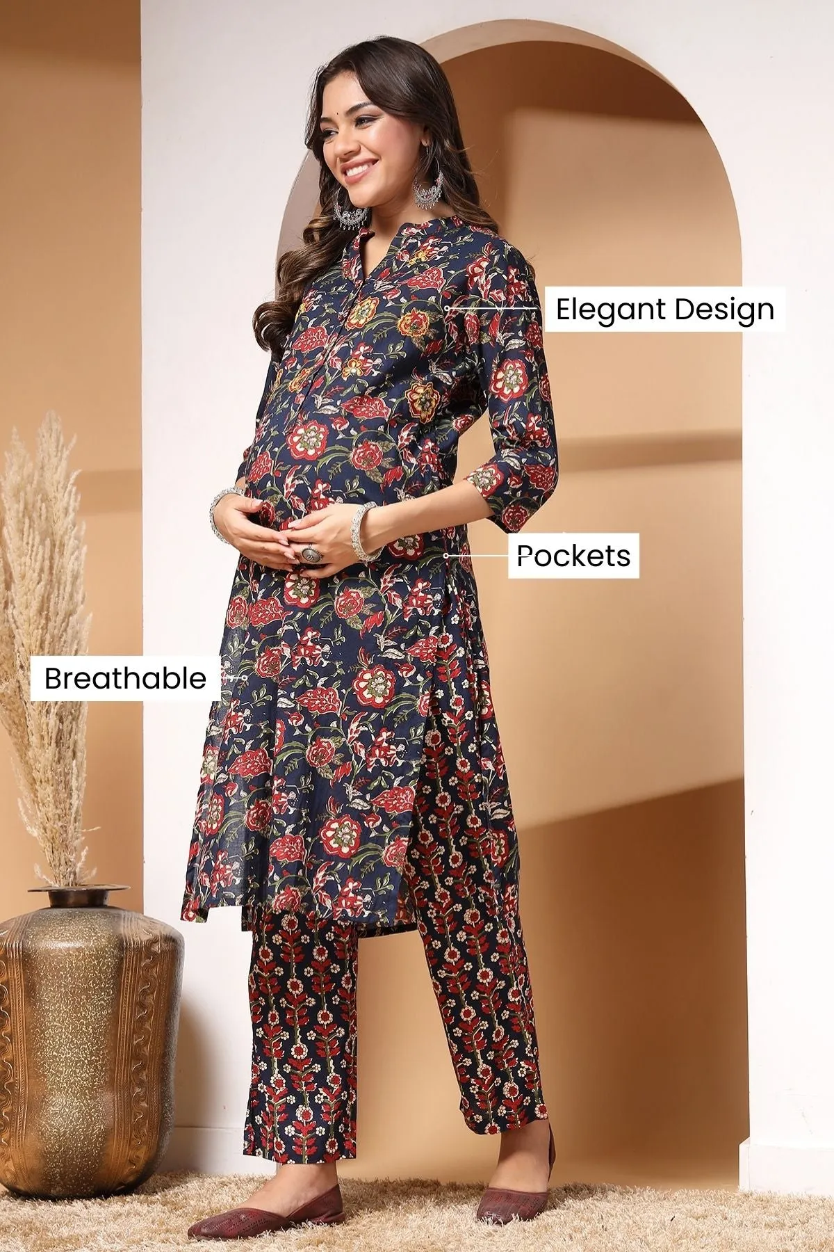 Midnight Bloom Maternity and Zipless Feeding Kurta Set