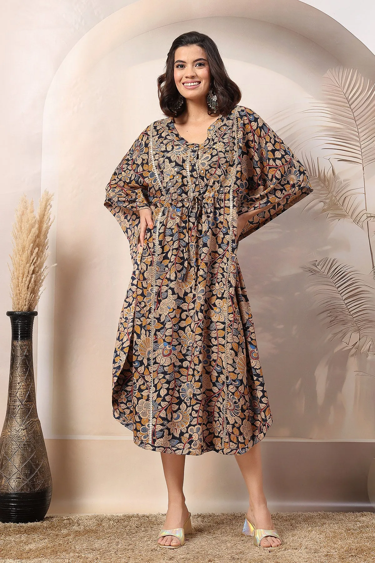 Navy Blue Enchanting Floral Zipless Feeding Maternity Kaftan