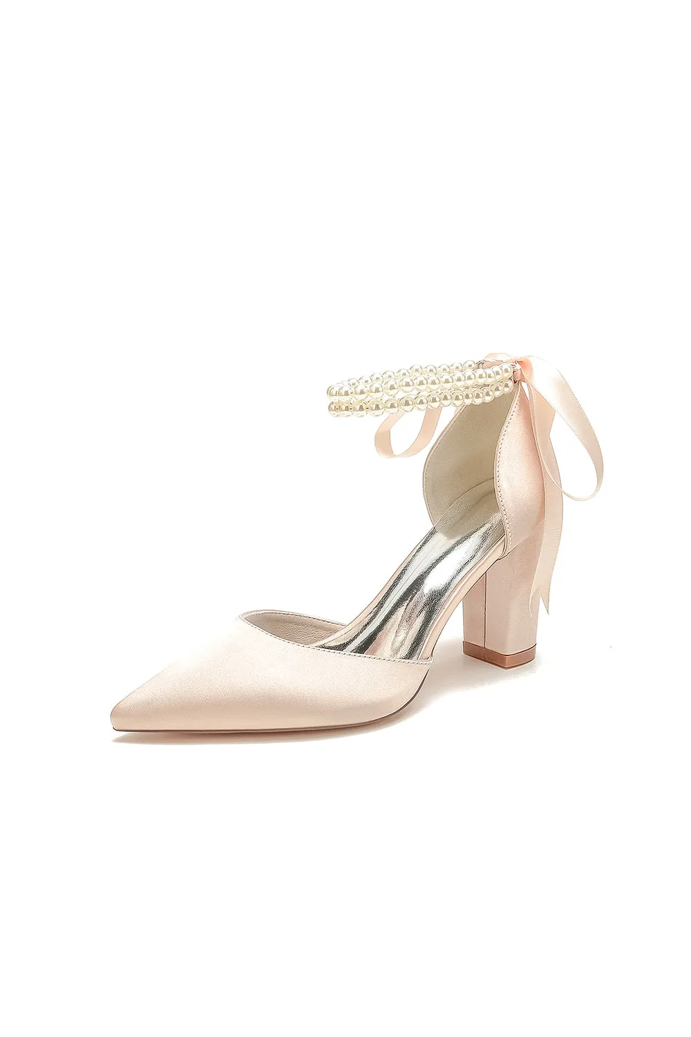 Pointed Toe Pearl Ribbon Ankle Strap Chunky Heel