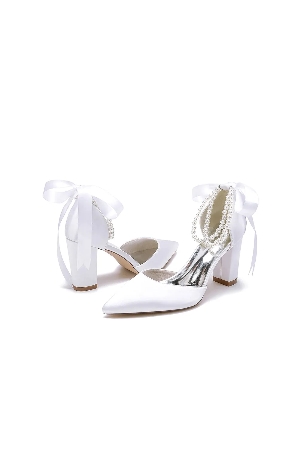 Pointed Toe Pearl Ribbon Ankle Strap Chunky Heel