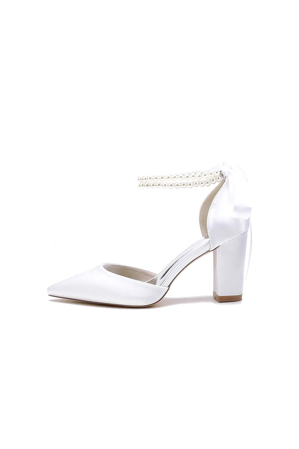 Pointed Toe Pearl Ribbon Ankle Strap Chunky Heel