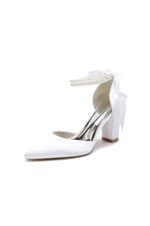 Pointed Toe Pearl Ribbon Ankle Strap Chunky Heel