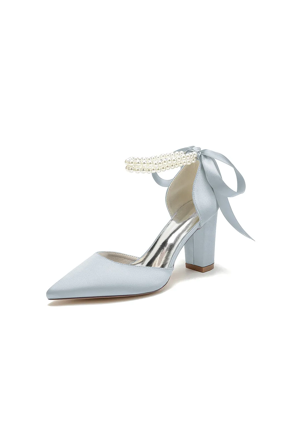 Pointed Toe Pearl Ribbon Ankle Strap Chunky Heel