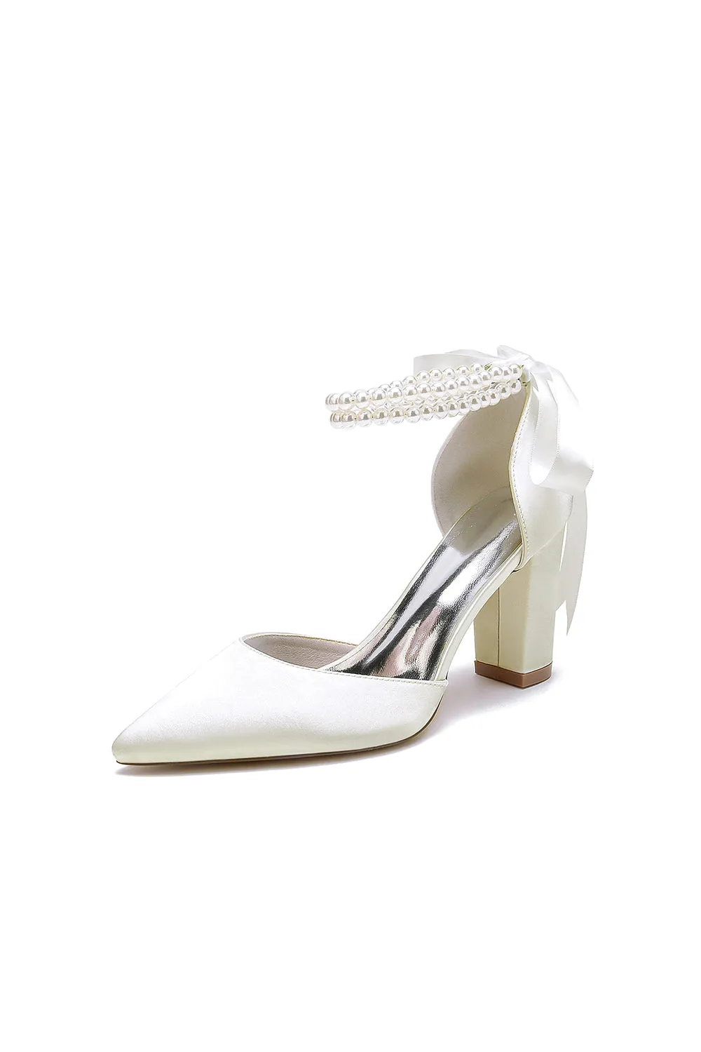 Pointed Toe Pearl Ribbon Ankle Strap Chunky Heel