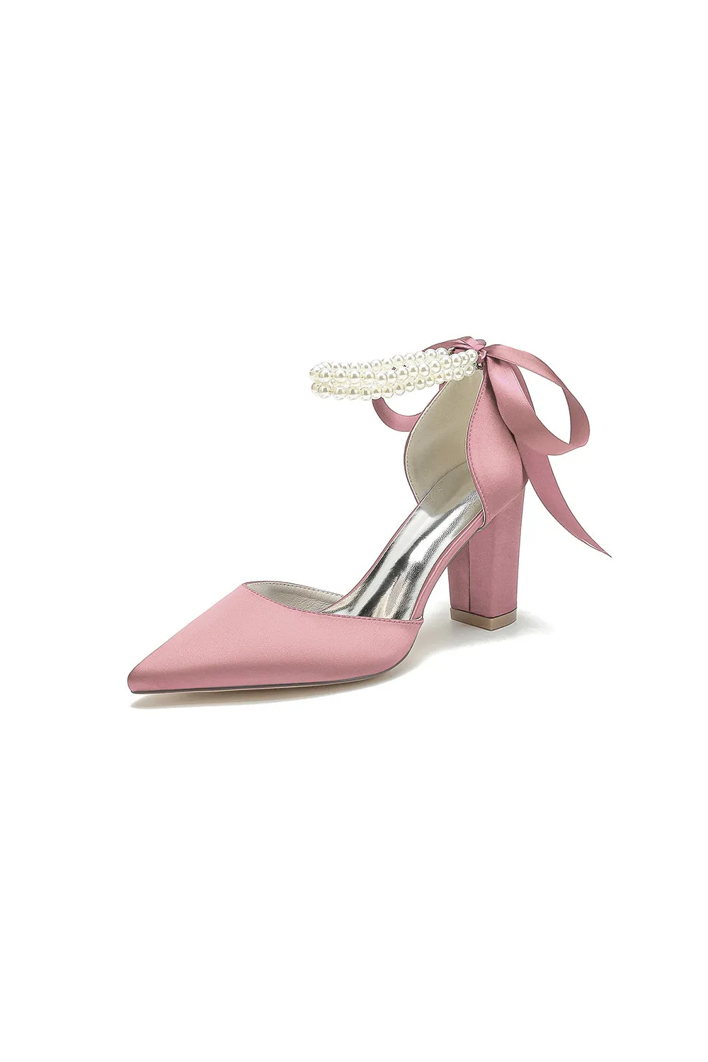 Pointed Toe Pearl Ribbon Ankle Strap Chunky Heel