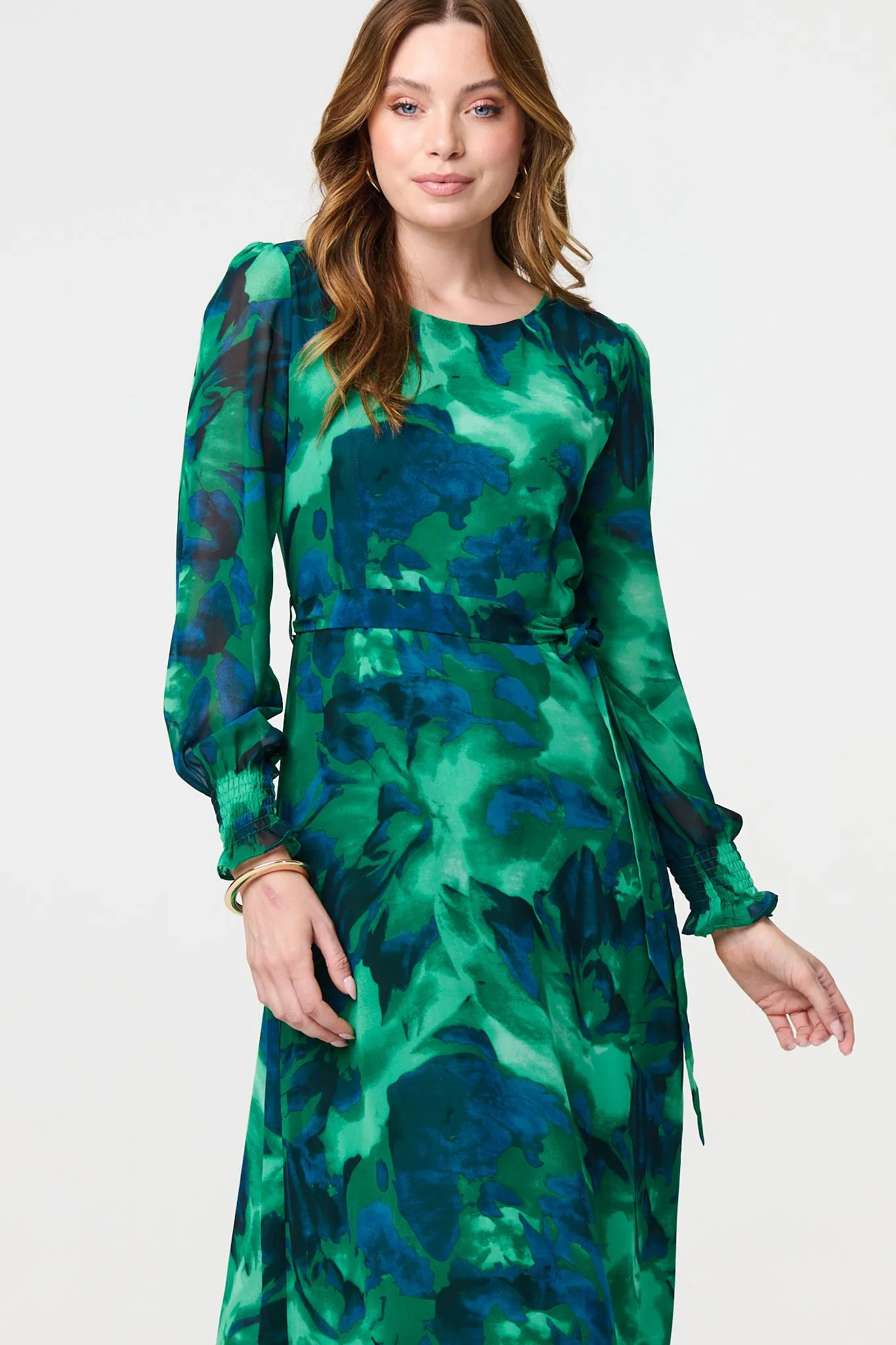 Printed Long Sleeve Chiffon Midi Dress