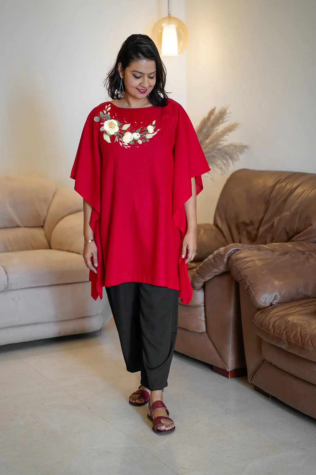 Red Kaftan Kurta - White Flowers