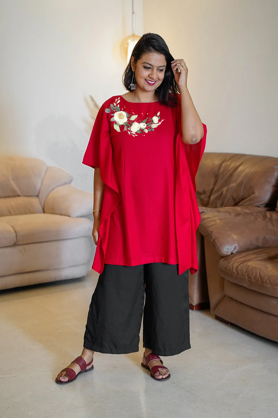 Red Kaftan Kurta - White Flowers