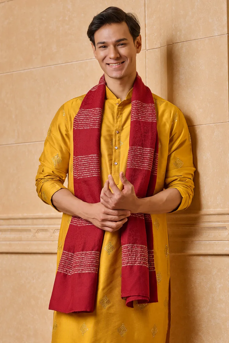 Red Shawl With Vertical Stripes Embroidery Highlights