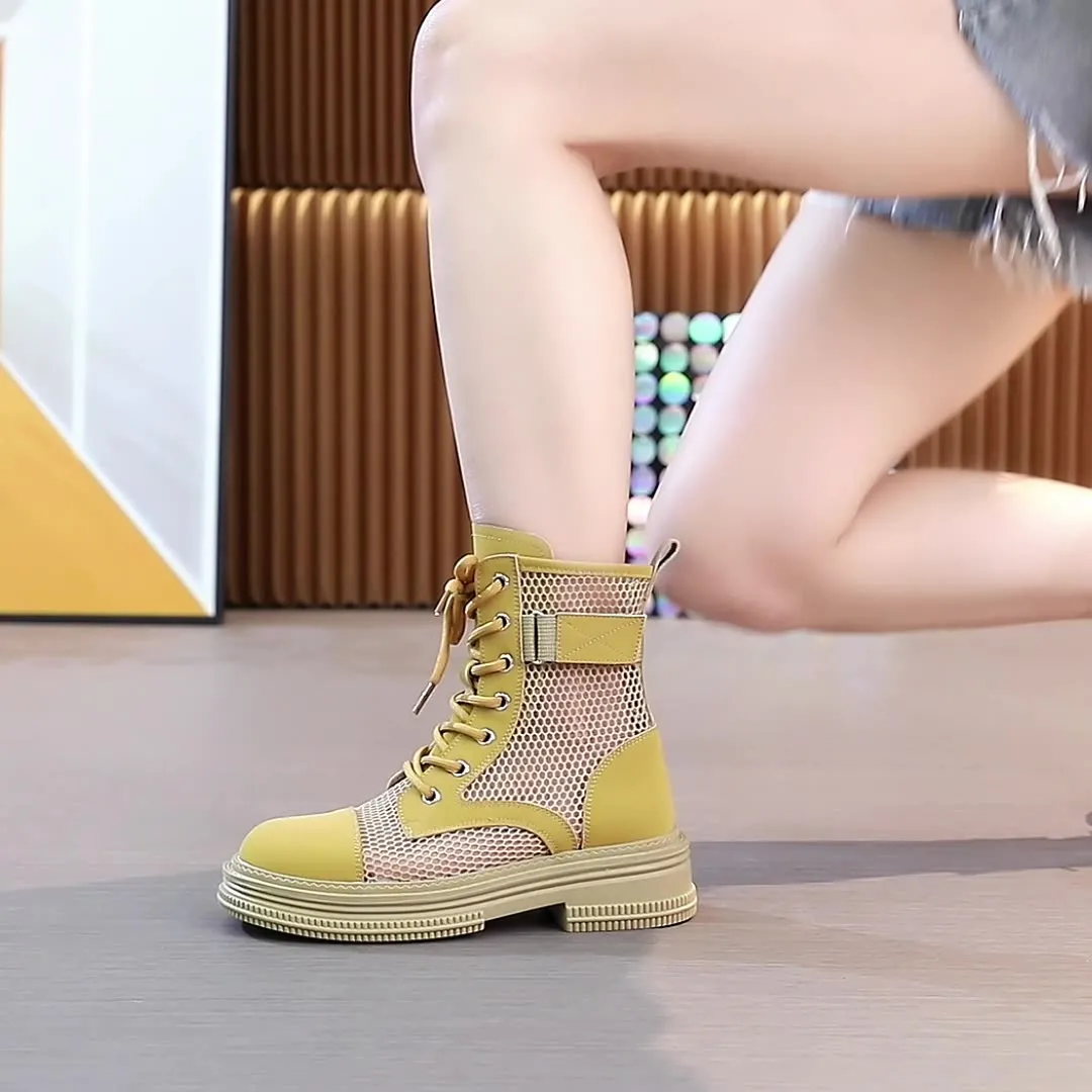 Summer Mesh Breathable Zipper Women's Boots - Yellow