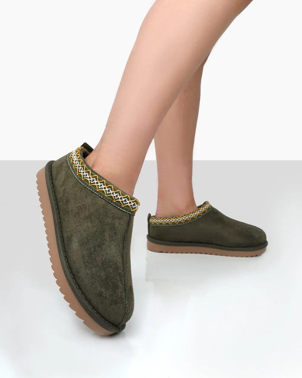 Tamsin Khaki Faux Suede Embroidered Slipper Boots