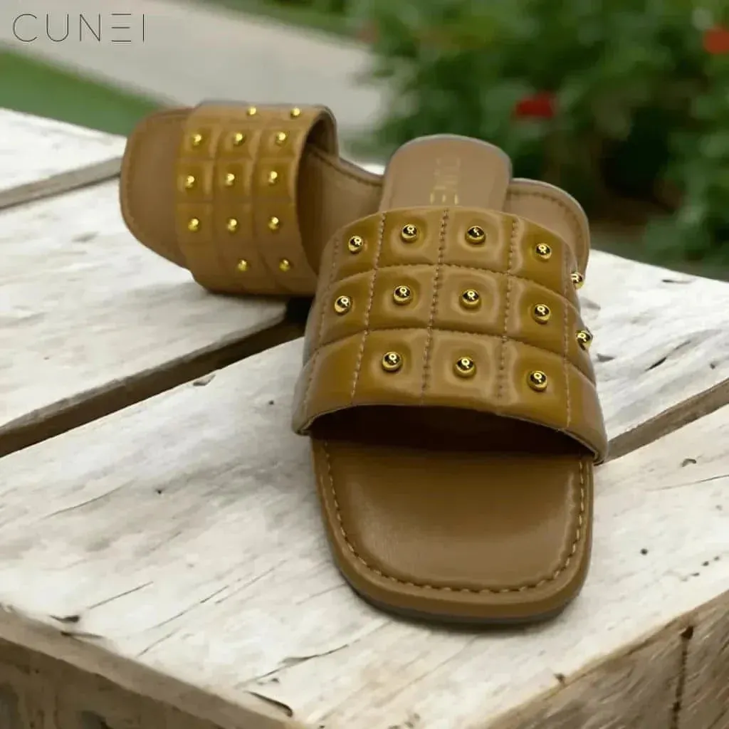 Tan Opulence Buttoned Slides